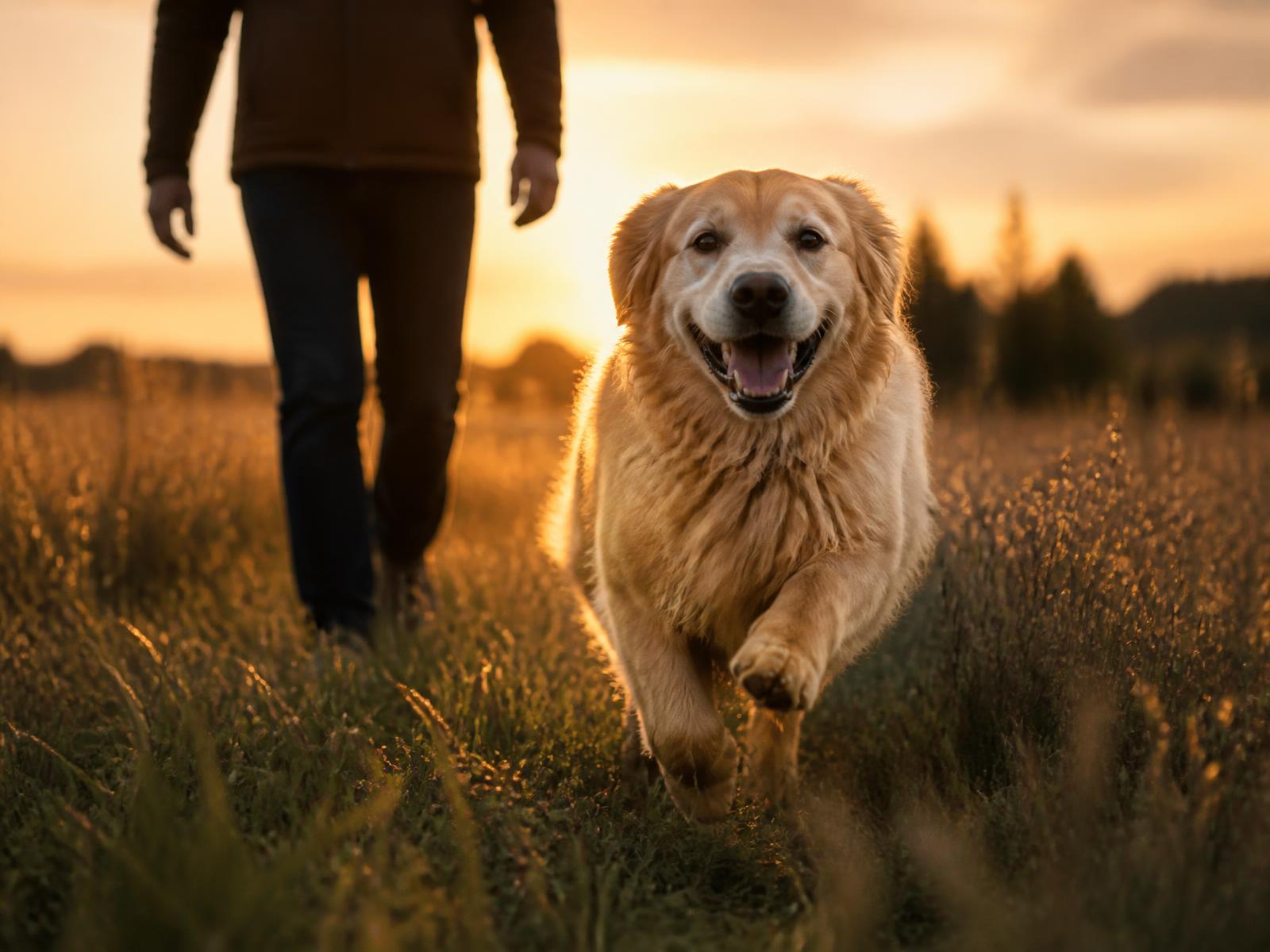 Healthy golden retriever running through a sunlit field alongside its owner