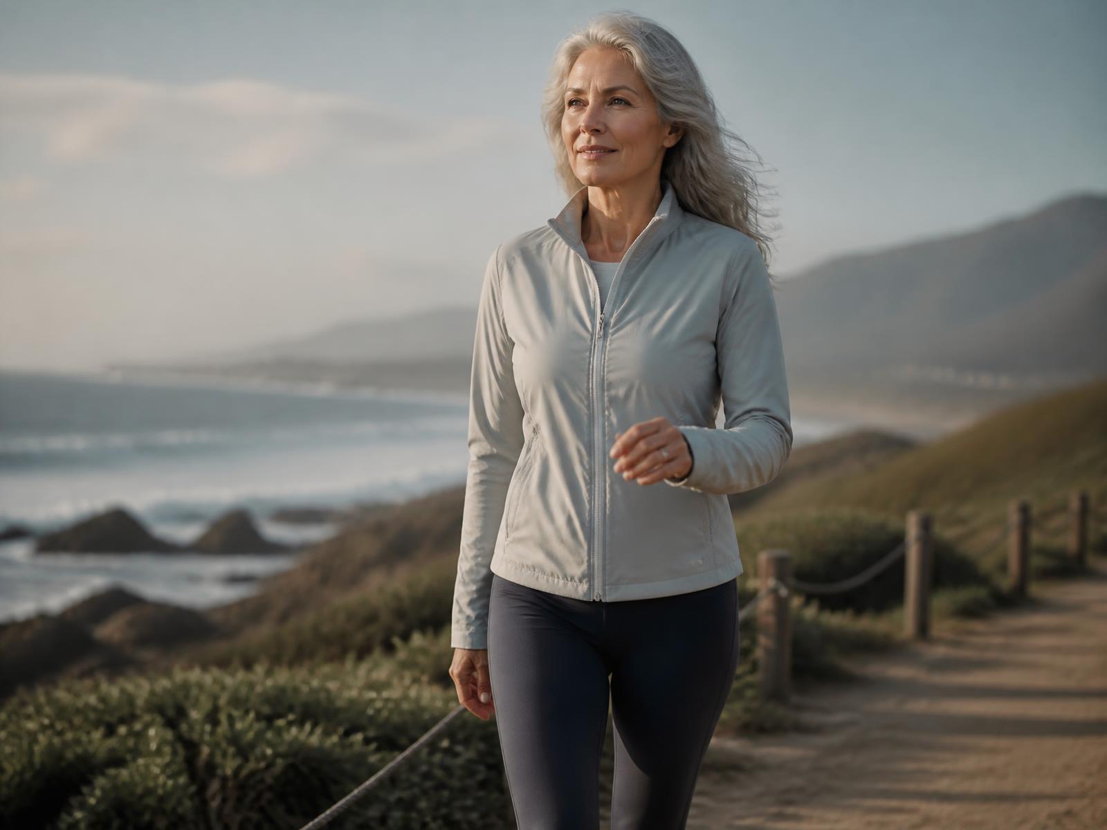Active adult walking a coastal path at dawn, representing healthy aging and vitality
